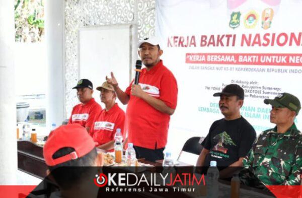 Bupati Sumenep Dr. H. Achmad Fauzi Wongsojudo, SH, MH saat membuka Kerja Bakti Nasional DPD LDII Sumenep 2026 di Kantor Balai Desa Paberasan, Sabtu (29/08/2026)