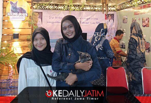 Salah satu Pengunjung Saat Memeluk Kucing Khas Pulau Raas Kucing Busok di Stand Kecamatan Raas 