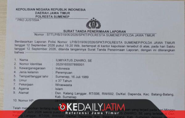 Surat Laporan itu dibuat Ilmiyatus Zahiro atau Neng Ayak, warga Kecamatan Batang-Batang, Sumenep ke Polresta Sumenep 