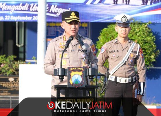 Kapolresta Sumenep Kombes Pol Ariek Indra Sentanu Saat Apel HUT Lalu Lintas Bhayangkara ke-71 di Lapangan SATPAS Polresta Sumenep
